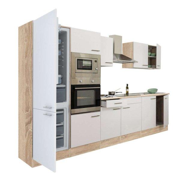 Yorki 330 konyhablokk sonoma tölgy korpusz,selyemfényű fehér fronttal
alulfagyasztós hűtős szekrénnyel
