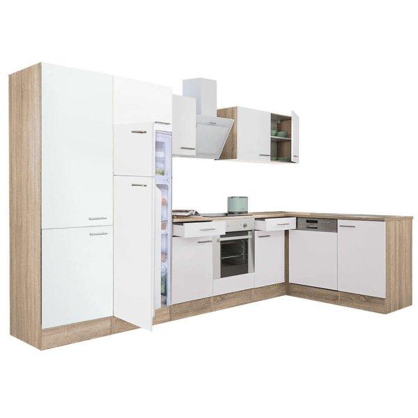 Yorki 340 sarok konyhablokk sonoma tölgy korpusz,selyemfényű fehér front
alsó sütős elemmel polcos szekrénnyel, felülfagyasztós hűtős
szekrénnyel