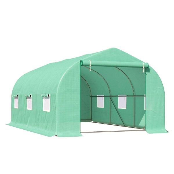 kerti üvegház ferde tetővel, PE és acélcsövekből, sötétzöld, 4.5x3x2m