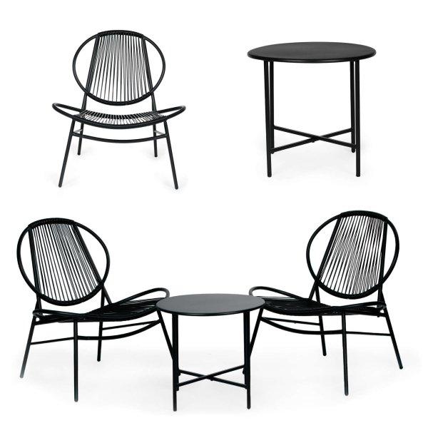 Rattan kerti bútor, fém székek és fekete asztal