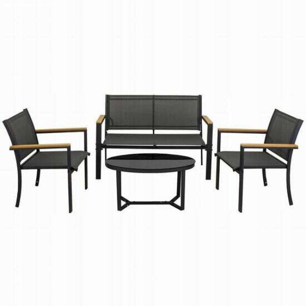 Kerti / terasz bútorkészlet, fekete és természetes, 1 asztal, 2 szék, 1
kanapé, Jumi