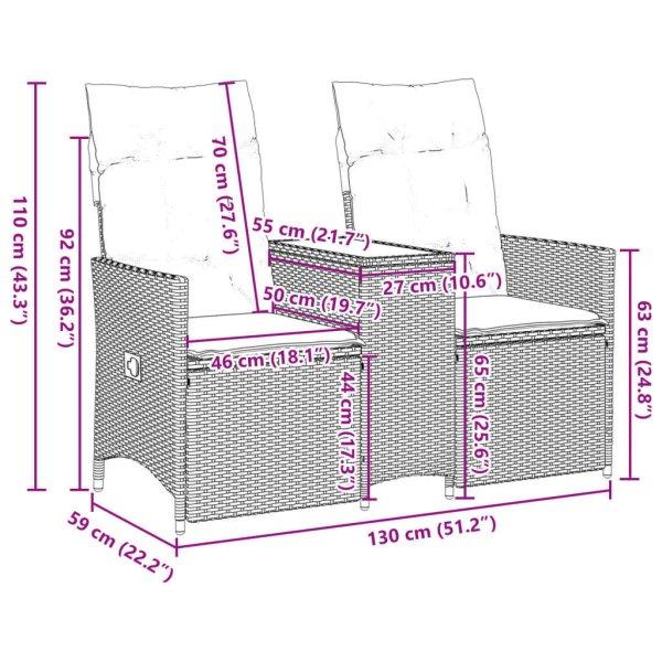 vidaXL 2 személyes bézs polyrattan dönthető kerti kanapé asztallal