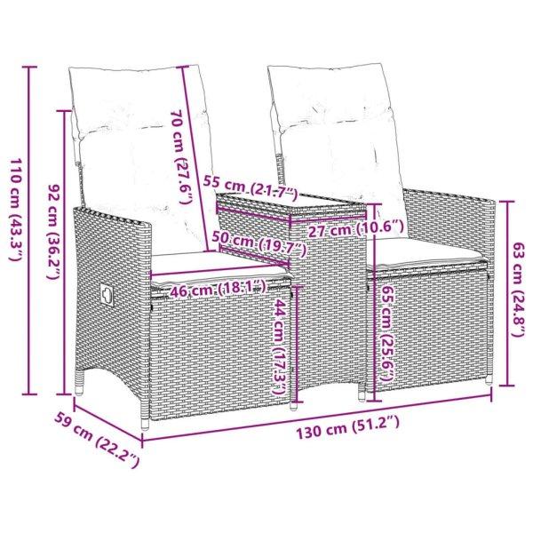 vidaXL 2 személyes barna polyrattan dönthető kerti kanapé asztallal