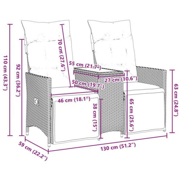 vidaXL 2 személyes bézs polyrattan dönthető kerti kanapé asztallal