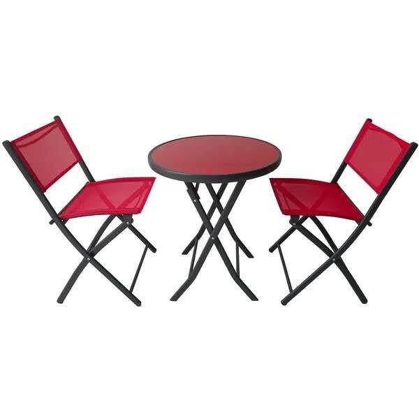 Erkélybútor készlet kerek asztallal és 2 összecsukható piros székkel