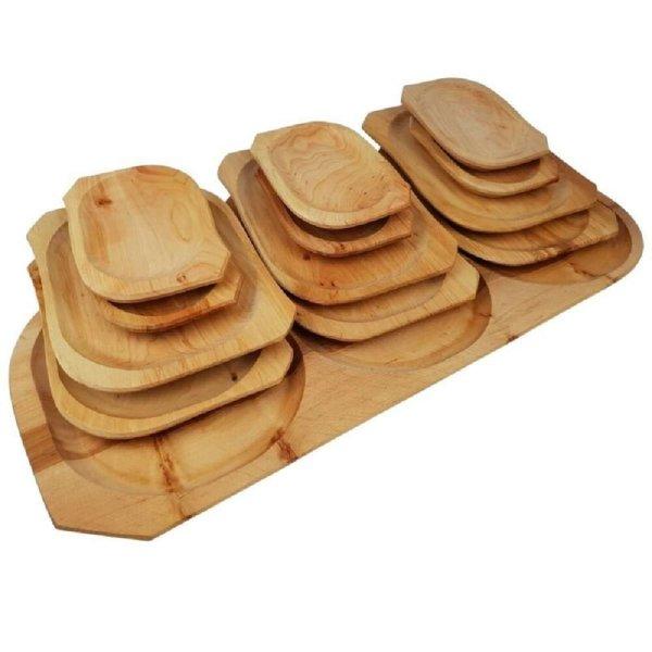13 részes fatányér készlet - fából készült kínáló szett - 1 db 60 x
20 cm-es tál és 12 db tányér (BBA)