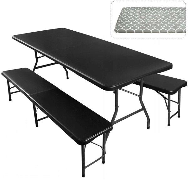 Asztal és 2 összecsukható pad, Zola, műanyag és acél,
180x74x74cm/180x30x45cm, kempingbe vagy kertbe, fekete
