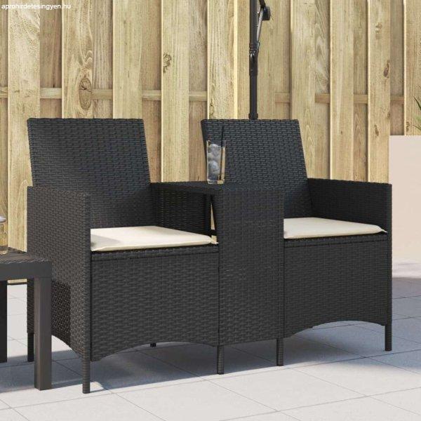 vidaXL 2 személyes fekete polyrattan kerti kanapé asztallal / párnával