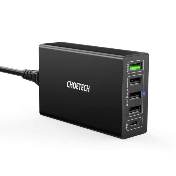 Choetech Q34U2Q-EU hálózati töltő, 4x USB + Type-C, 60W - Q34U2Q-EU, Fekete