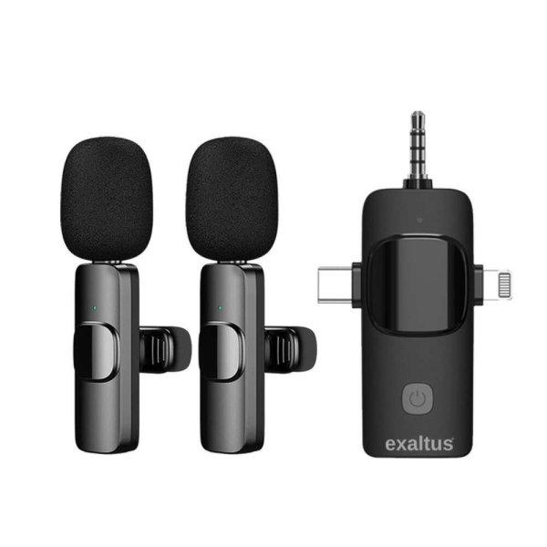 2 professzionális mikrofon készlet lavaliera, Exaltus®, USB C, 3.5 Jack,
Lightning, vezeték nélküli élő, 2.4 GHz, interjúk, újratölthető,
háttérzajcsökkentés, telefon kompatibilis, DSLR kamer