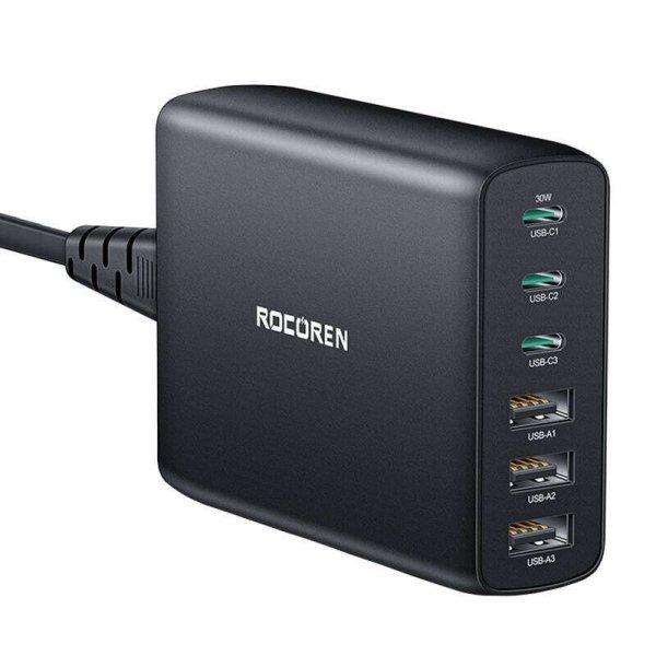 Rocoren hálózati töltő 3x USB-A és 3xUSB-C csatlakozással GaN 100W -
fekete