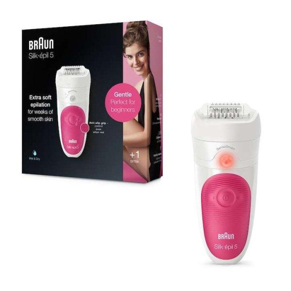 Braun Silk-épil 5 5-500 SensoSmart™ epilátor, nedves és száraz, 28 penge,
2 sebességfokozat, rózsaszín/fehér