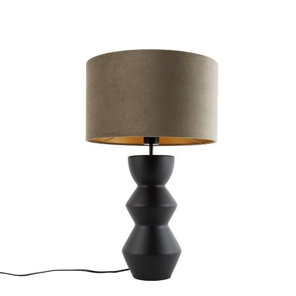 Design tafellamp zwart velours kap taupe met goud 35 cm - Alisia
