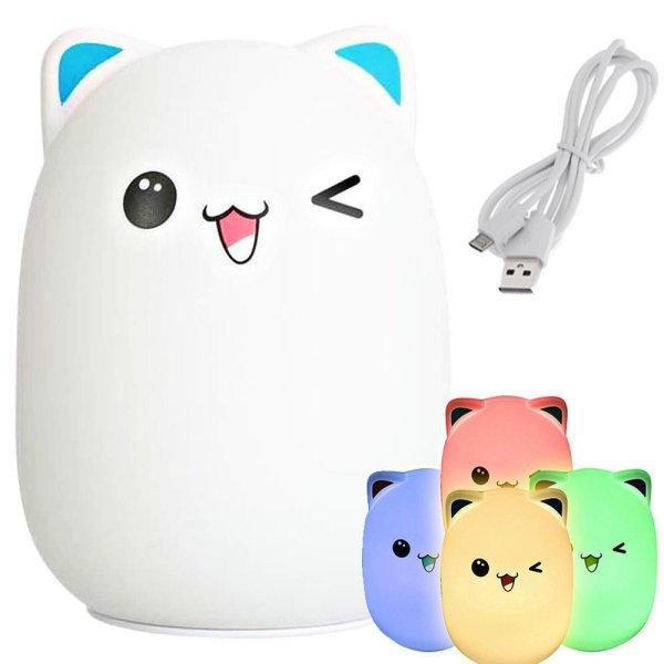 Hordozható LED RGB Cat Kawaii éjszakai lámpa gyerekeknek, macska modell, USB
töltő akkumulátor, 5V, érintésérzékelő, többféle világítási mód,
mosható szilikon, ABS, fehér, 12,5x9x9,5 cm