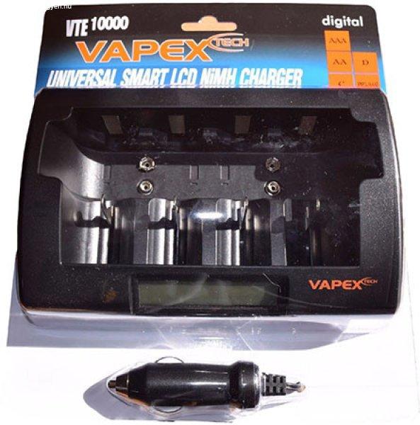 Vapex Univerzális töltő AA AAA C D és PP3 méretű akkumulátorokhoz LCD
kijelző 240VAC