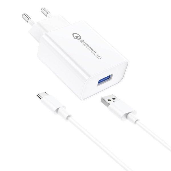 Foneng EU13 hálózati töltő + USB-USB-C kábel, 3A (fehér)