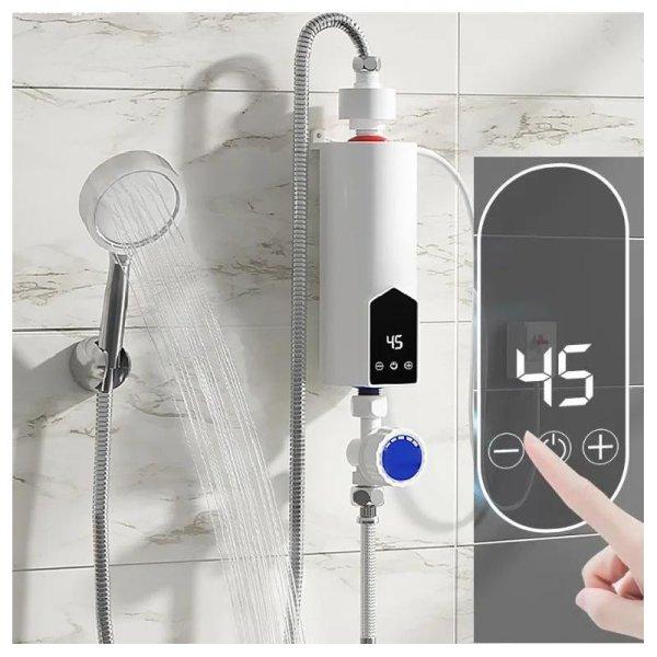 LED kijelzős átfolyós vízmelegítő zuhanyfejjel, 3,5 kW, konyhai vagy
fürdőszobai bekötésre, gégecsővel, függőleges bekötéssel, falra
szerelhető, RYK-006