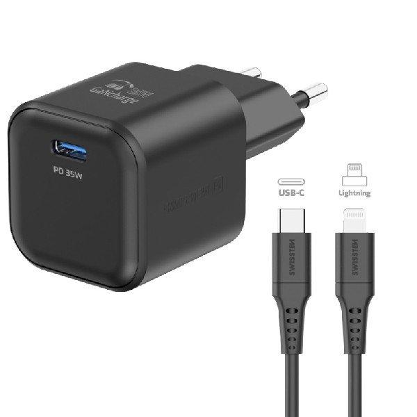 SWISTEN hálózati adapter 1x USB-C 35 W PD, fekete + adatkábel USB-C/lightning
1,2 m, fekete