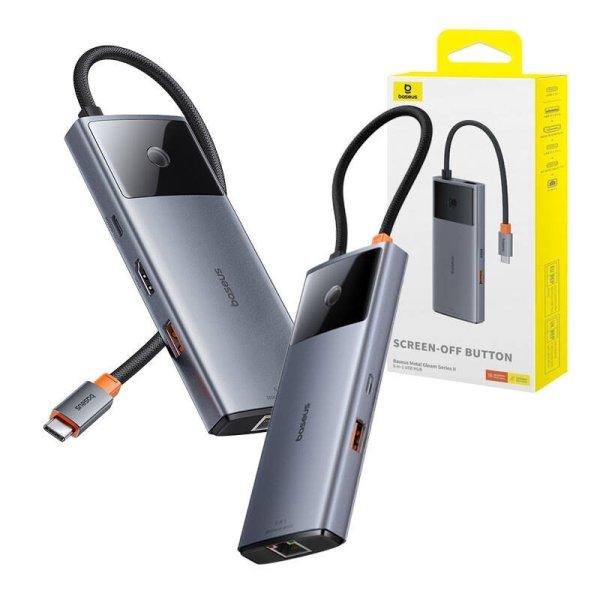 Hub 6 az 1-ben Baseus Metal Gleam 2 Series, USB-C - 2xUSB 3.0 + USB-C + HDMI +
USB-C PD + Ethernet RJ45
