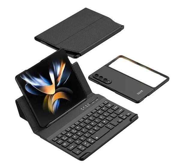 Tok álló, bőr hatású (FLIP, bluetooth billentyűzet, asztali tartó,
QWERTY, angol nyelvű + képernyővédő üveg) FEKETE Samsung Galaxy Z Fold4 5G
(SM-F936)