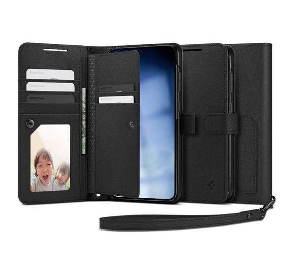 SAMSUNG Galaxy S23 Plus (SM-S916), Spigen wallet notesz mobiltok, Fekete