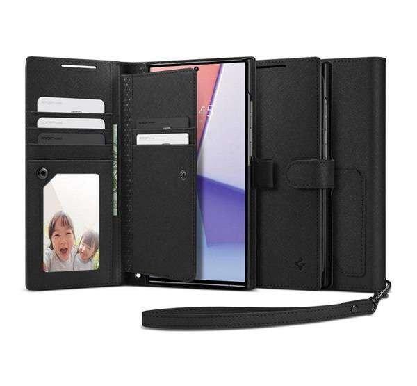 SAMSUNG Galaxy S23 Ultra (SM-S918), Spigen wallet notesz mobiltok, Fekete
