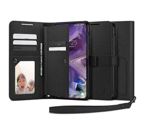SAMSUNG Galaxy S23 (SM-S911), Spigen wallet notesz mobiltok, Fekete