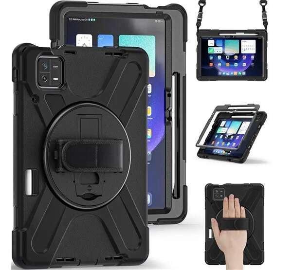 Defender műanyag telefonvédő (ütésállóság, kitámasztó, 360° +
kézpánt, vállpánt) FEKETE Xiaomi Pad 6
