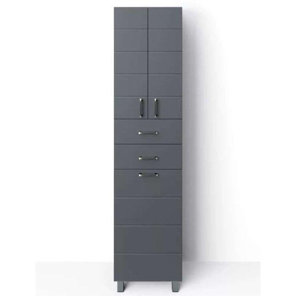 HD MART 45 cm széles szennyestartós álló fürdőszobai magas szekrény,
sötét szürke, króm kiegészítőkkel, 2 soft close ajtóval, 2 fiókkal és
szenyestartóval