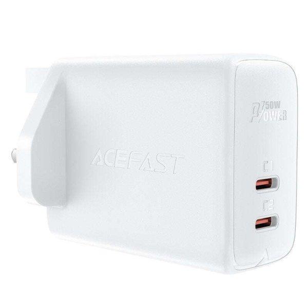 Hálózati töltő, AceFast, UK csatlakozó, 2x USB Type C 50W, Q3 3.0, Fehér