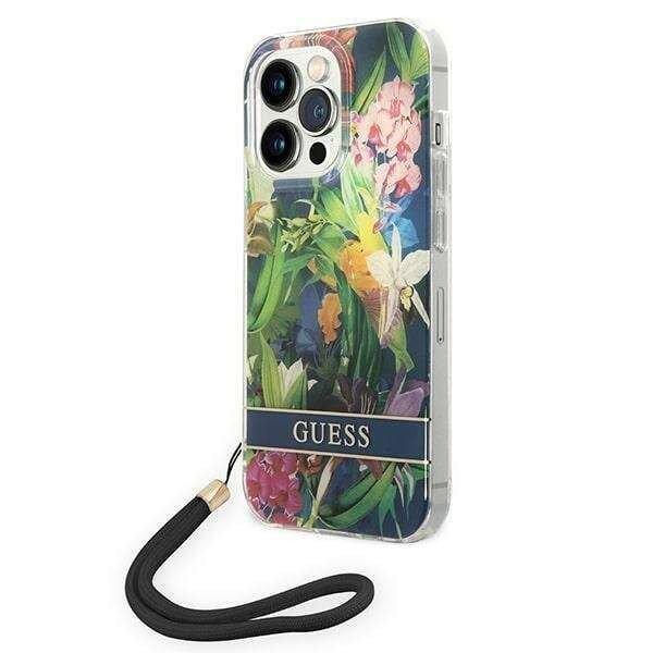 Guess GUOHCP14LHFLSB Apple iPhone 14 Pro kék hardcase Flower Strap telefontok