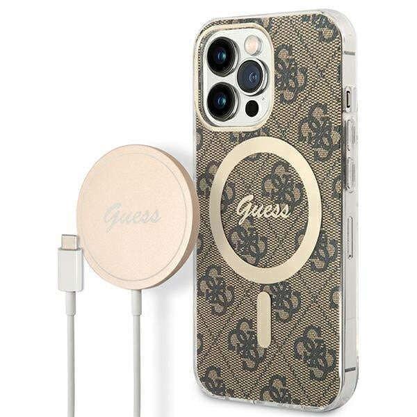Guess GUBPP13LH4EACSW Case + Wireless Charger Apple iPhone 13 Pro brown hard
case 4G Print MagSafe telefontok