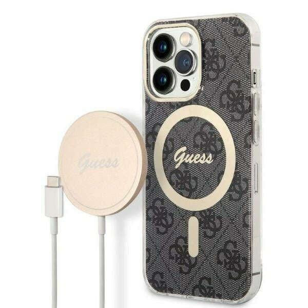 Guess GUBPP13XH4EACSK Case + Wireless Charger Apple iPhone 13 Pro Max fekete
hard case 4G Print MagSafe telefontok