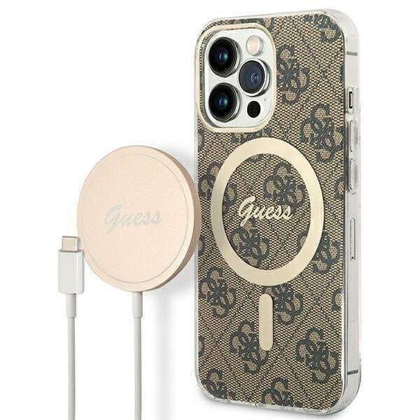 Guess GUBPP13XH4EACSW Case + Wireless Charger Apple iPhone 13 Pro Max brown hard
case 4G Print MagSafe telefontok