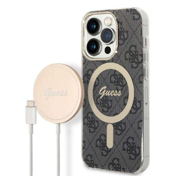 Guess GUBPP14LH4EACSK Case + Wireless Charger Apple iPhone 14 Pro fekete hard
case 4G Print MagSafe telefontok