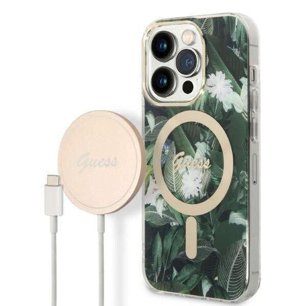 Guess GUBPP14LHJEACSA Case + Wireless Charger Apple iPhone 14 Pro green hard
case Jungle MagSafe telefontok