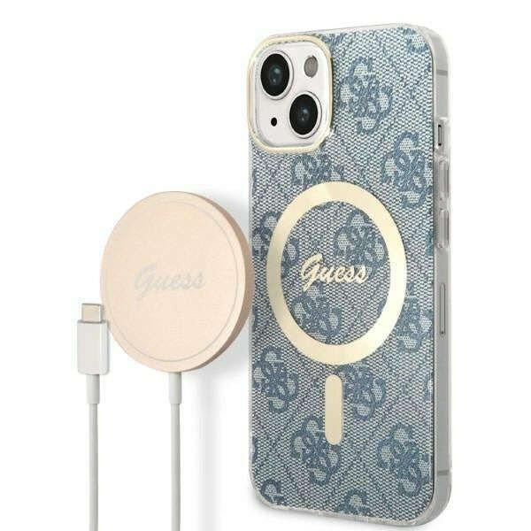 Guess GUBPP14MH4EACSB Case + Wireless Charger Apple iPhone 14 Plus kék hard
case 4G Print MagSafe telefontok