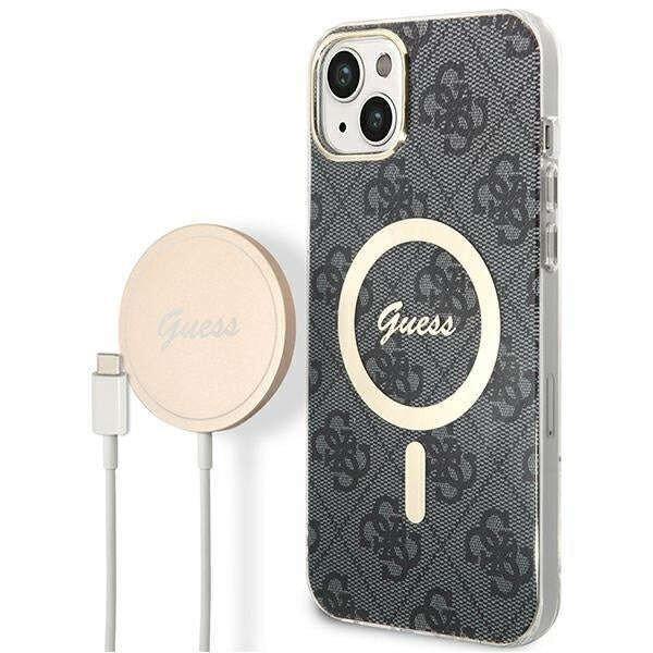 Guess GUBPP14MH4EACSK Case + Wireless Charger Apple iPhone 14 Plus fekete hard
case 4G Print MagSafe telefontok