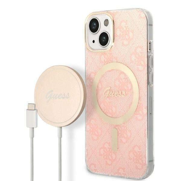 Guess GUBPP14MH4EACSP Case + Wireless Charger Apple iPhone 14 Plus pink hard
case 4G Print MagSafe telefontok