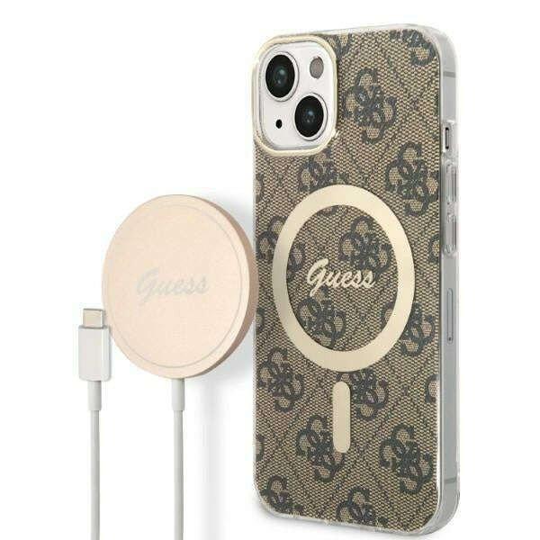 Guess GUBPP14MH4EACSW Case + Wireless Charger Apple iPhone 14 Plus brown hard
case 4G Print MagSafe telefontok