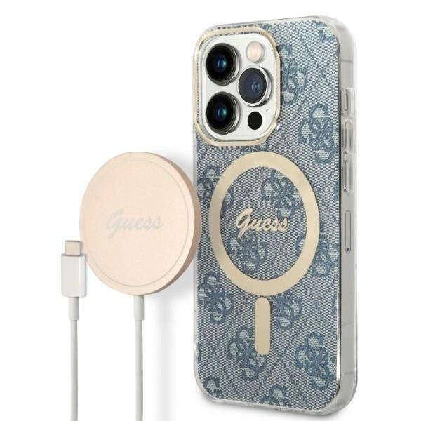 Guess GUBPP14XH4EACSB Case + Wireless Charger Apple iPhone 14 Pro Max kék hard
case 4G Print MagSafe telefontok