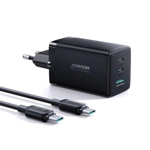 Joyroom TCG01 Hálózati töltő, GaN technológia, 65 W, 1 USB port és 2 USB C
port, USB C - USB C kábel 1,2 m, 100 W, gyorstöltés funkció, fekete