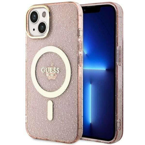Guess iPhone 14 Plus 6,7 hüvelykes Pink Glitter Gold MagSafe tok