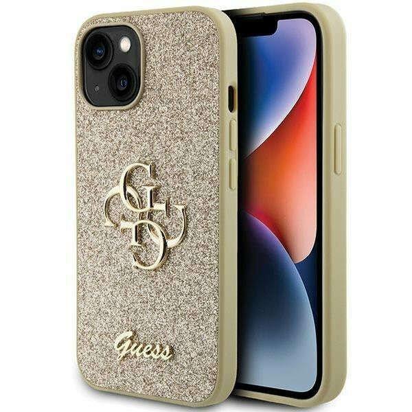 Védőtok Borító Guess PU 4G Fix Glitter Metal Logó iPhone 15-höz, arany