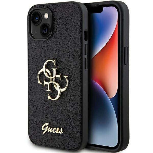 Védőtok Guess Fixed Glitter 4G fém logó iPhone 15-höz, fekete