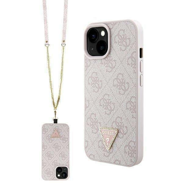 Guess PU 4G Strass háromszög fém logós tok + zsinór iPhone 15 Pink
telefonhoz