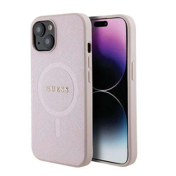 Guess Saffiano MagSafe védőtok iPhone 15-höz, rózsaszín