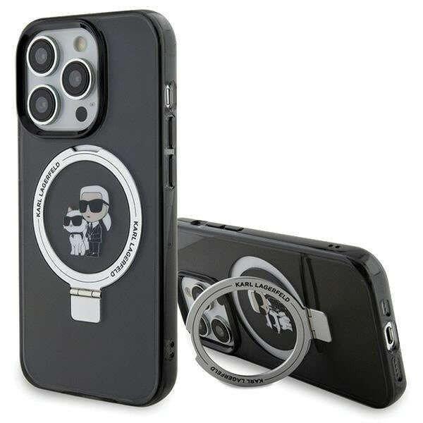 Védőtok Borító Karl Lagerfeld Ringstand Karl and Choupette MagSafe iPhone 15
Pro készülékhez, fekete