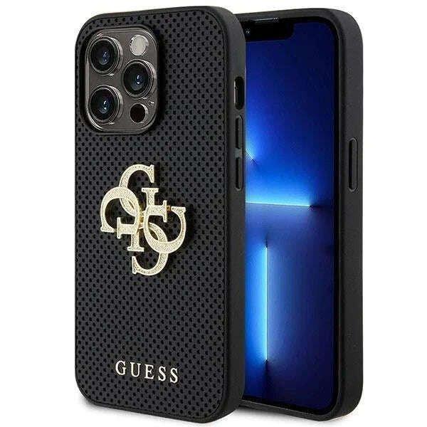 Guess Perforated 4G Glitter Metal Logo védőtok iPhone 15 Pro-hoz, fekete