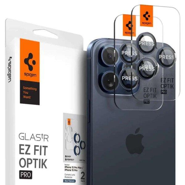 6 db kameraüvegvédő készlet Spigen Optik EZ FIT kompatibilis iPhone 14 Pro /
14 Pro Max / 15 Pro / 15 Pro Max Blue Titanium telefonnal